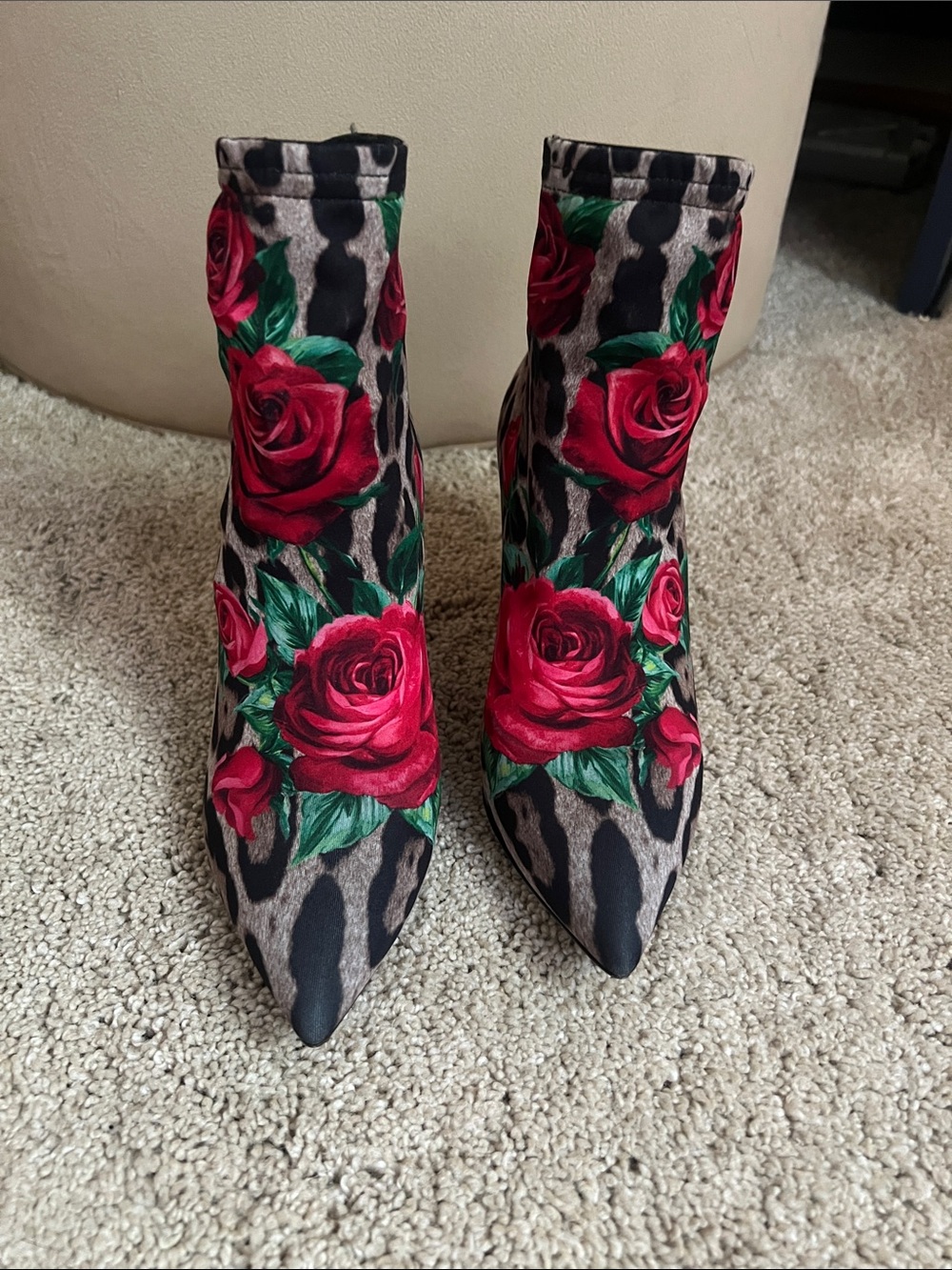 Dolce & Gabbana Red Rose Embroidered Leopard Ankle Boots